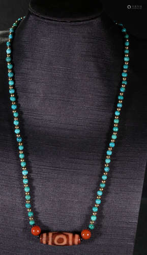 TIBETAN THREE EYE PATTERN DZI&TURQUOISE NECKLACE