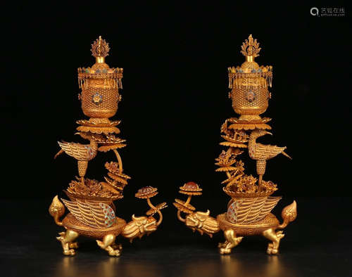 PAIR OF GILT SILVER CAST PAGODA