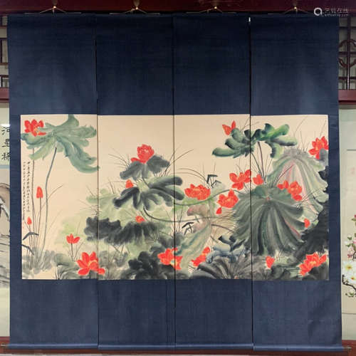 SET OF ZHANG DAQIAN LOTUS PATTERN SCREEN