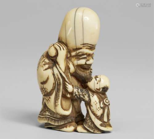 An ivory netsuke of Fukurokuju and karako. Early 19th centur...