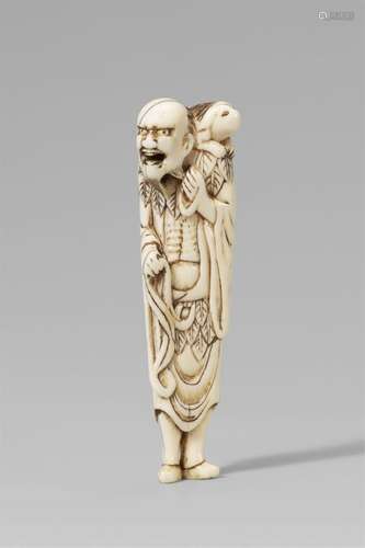 An ivory netsuke of a sennin with a long-haired dog. 18th ce...