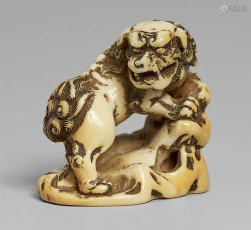 An ivory netsuke of a shishi by a rock. Late 18th century