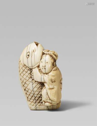 An ivory netsuke of Ushiwakamaru fighting with a giant carp....