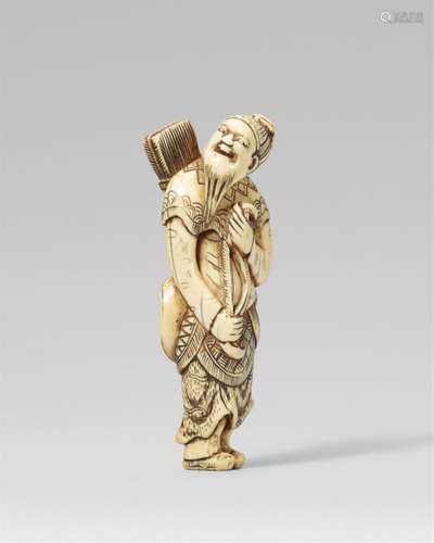 A fine ivory netsuke of a laughing Mongolian archer. Late 18...