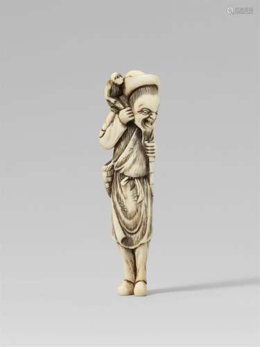 A rare ivory netsuke of a laughing Chinese monkey trainer. E...