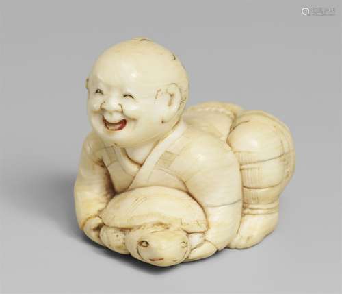 An ivory netsuke of a fisherman with a tortoise. Mid-19th ce...