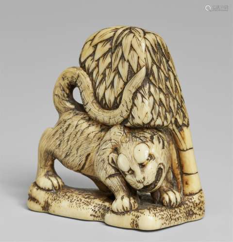 An ivory netsuke of tiger and bamboo. 18th century