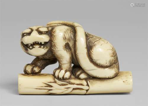 A fine ivory netsuke of a hissing tiger on a bamboo rod. Lat...