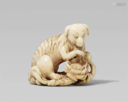 An ivory netsuke of a long-haired dog. Early 19th century