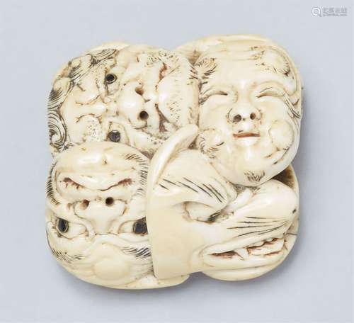 A square ivory netsuke of a group of masks. Mid-19th century