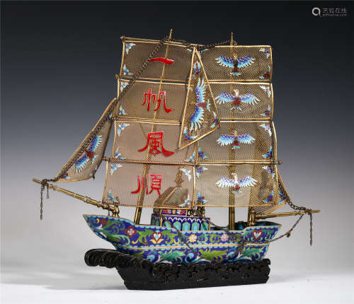 A CHINESE CLOISONNE SAILING BOAT DECORATION