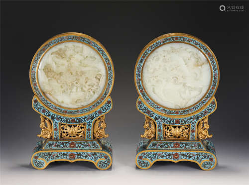 A PAIR OF CHINESE CLOISONNE INLAID JADE TABLE SCREENS