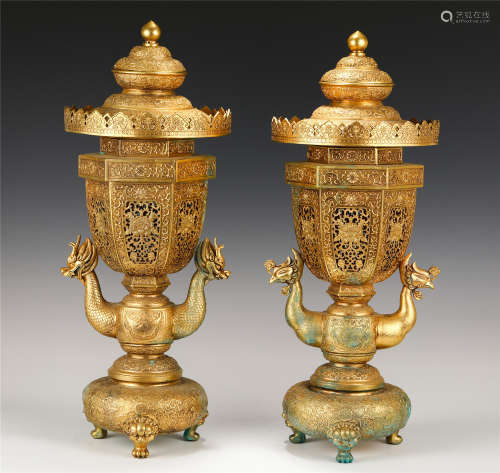A PAIR OF CHINESE GILT BRONZE INCENSES