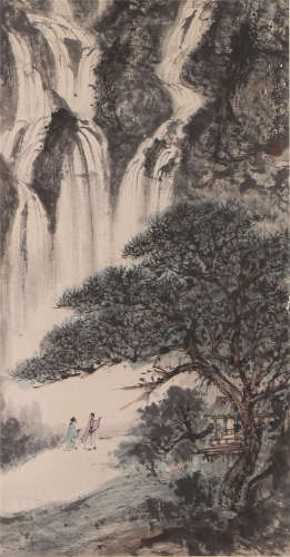A CHINESE PAINTING WATERFALL IN MOUNTAINS
