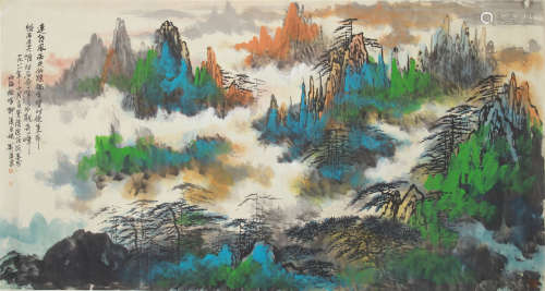 A CHINESE PAINTING GREEN MOUNTAINS LANDSCAPE