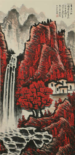 A CHINESE PAINTING RED MOUNTAINS LANDSCAPE