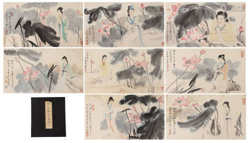 A CHINESE ALBUM OF PAINTING LADIES AND LOTUS FLOWERS