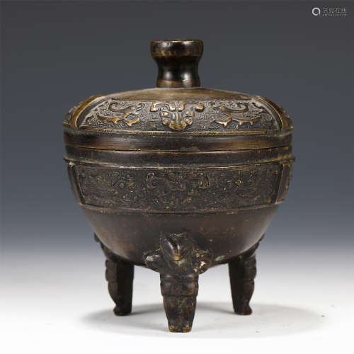 A CHINESE BRONZE TRIPLE FOOT INCENSE BURNER AND COVER