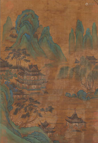 A CHINESE PAINTING MOUNTAINS LANDSCAPE AND PALACE