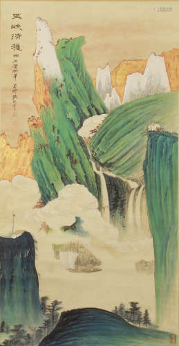 A CHINESE PAINTING GREEN MOUNTAINS LANDSCAPE