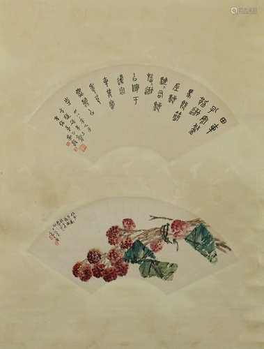 A CHINESE PAINTING FAN SHAPED FLOWERS AND CALLIGRAPHY