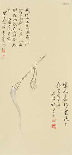 A CHINESE PAINTING HORSETAIL WHISK AND CALLIGRAPHY