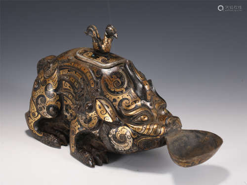 A CHINESE BRONZE INLAID GOLD & SILVER FOO-DOG DECORATION