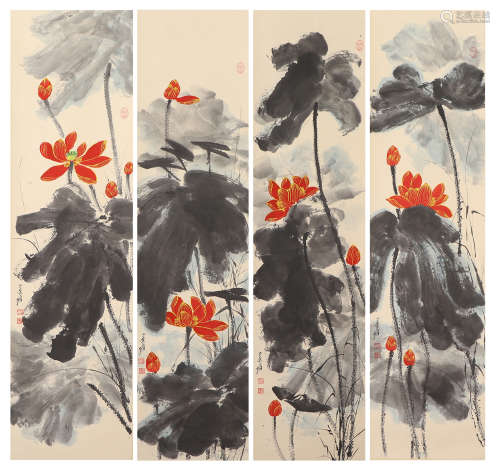 FOUR HANGING PAINTING SCROLLS OF LOTUS FLOWERS