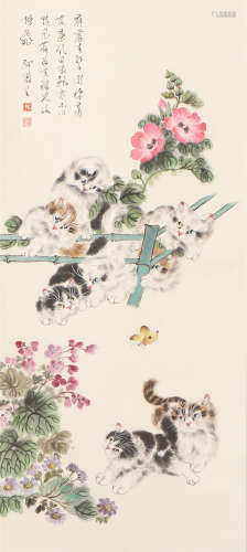 A CHINESE PAINTING CATS AND FLOWERS