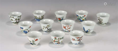TWELVE CHINESE BLUE AND WHITE DOUCAI PORCELAIN CUPS