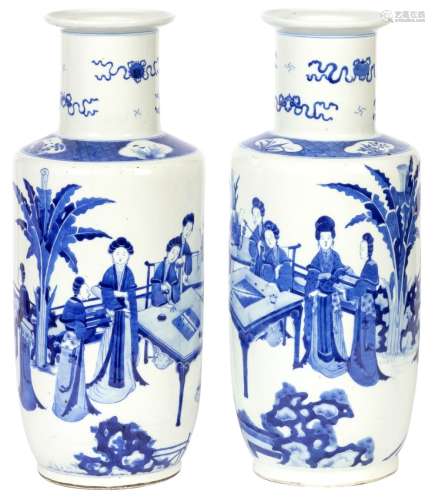  A Pair of Chinese Blue and White Porcelain Rouleau-Form Vas...