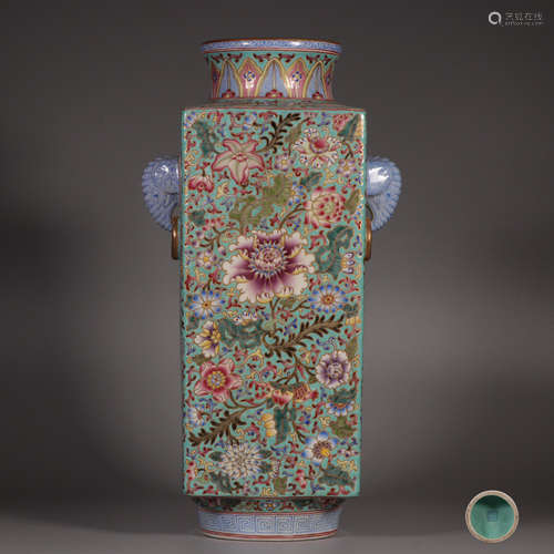 The Famille Rose Square Bottle with Flowers and Carved the E...