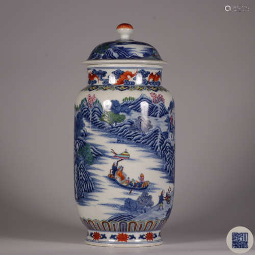 Blue and White Cover Pot Carved Landscape