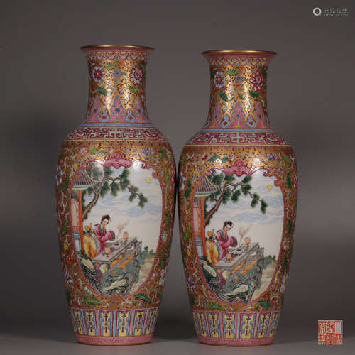 A Pair of Famille Vase with Window Figure and Story Pattern