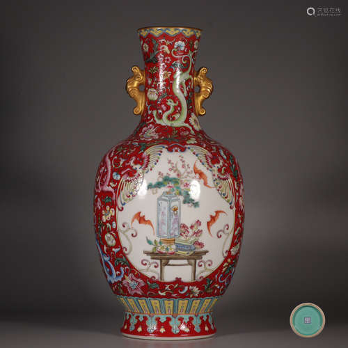 The Vase of Red Bottom Carved with Fortune and Ears