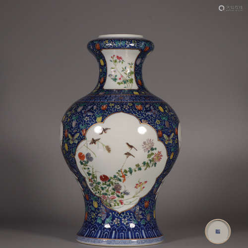 Blue and White Vase with Window Flower and Bird Pattern