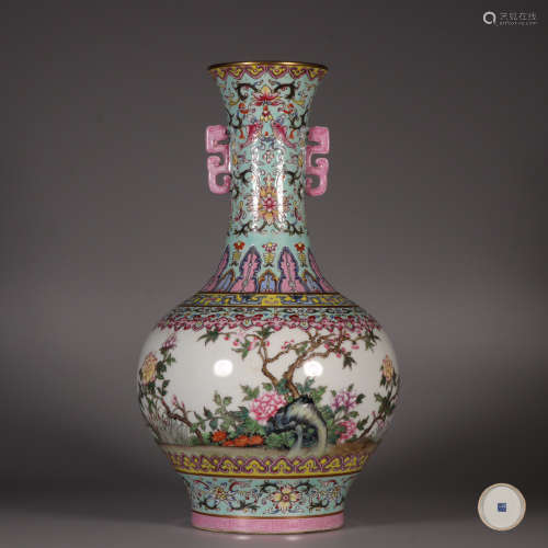 Famille Vase with Branch Lotus Flowers and Plants and The Fo...