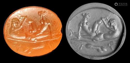 凹版雕刻着一个带着阳具和神丘比特的两性人形象.红玉髓.罗马艺术...