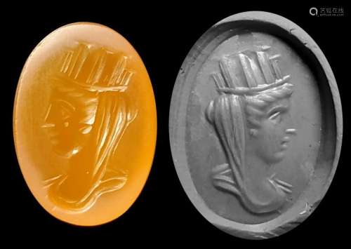 雕刻着一幅提契肖像的凹版画.希腊罗马艺术。长：18毫米。