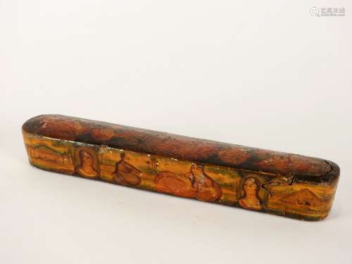 铅笔盒装饰有宫廷场景.原样.波斯.19世纪.长：23.5厘米。