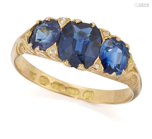 A VICTORIAN SAPPHIRE THREE-STONE RING