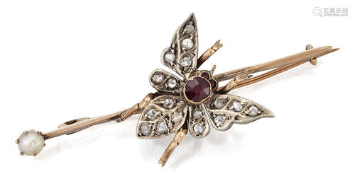 A VICTORIAN RUBY AND DIAMOND INSECT BROOCH