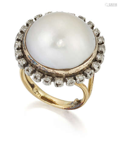 A CULTURED MABE PEARL AND DIAMOND CLUSTER RING