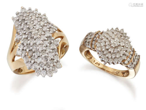 A 9 CARAT GOLD DIAMOND CLUSTER RING AND A DIAMOND NAVETTE RI...