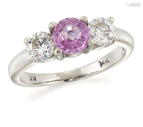 A PINK SAPPHIRE AND DIAMOND THREE-STONE RING