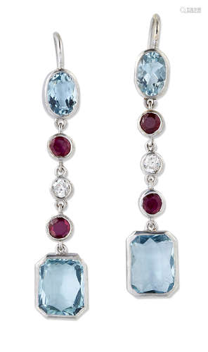 A PAIR OF AQUAMARINE, RUBY AND DIAMOND PENDANT EARRINGS