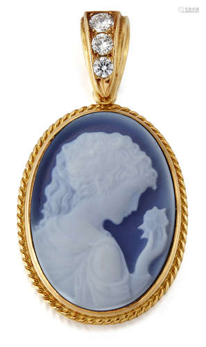 A SARDONYX AND DIAMOND CAMEO PENDANT