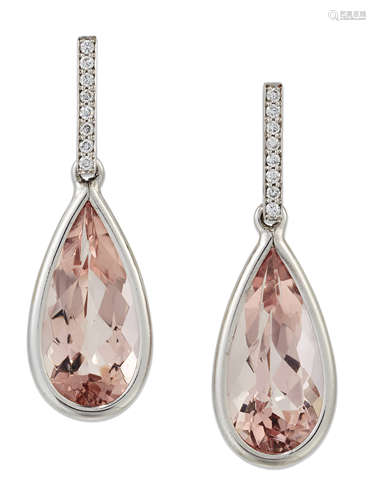 A PAIR OF MORGANITE AND DIAMOND DROP EARRINGS