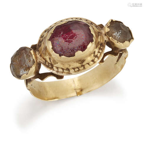 A GEORGIAN QUARTZ AND PASTE THREE-STONE RING