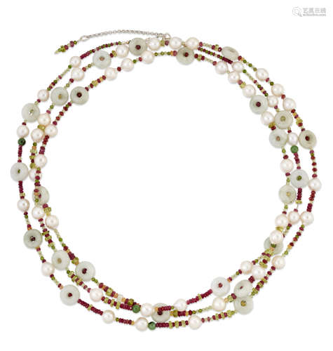 A CULTURED PEARL, JADE AND GEMSTONE BEAD NECKLACE